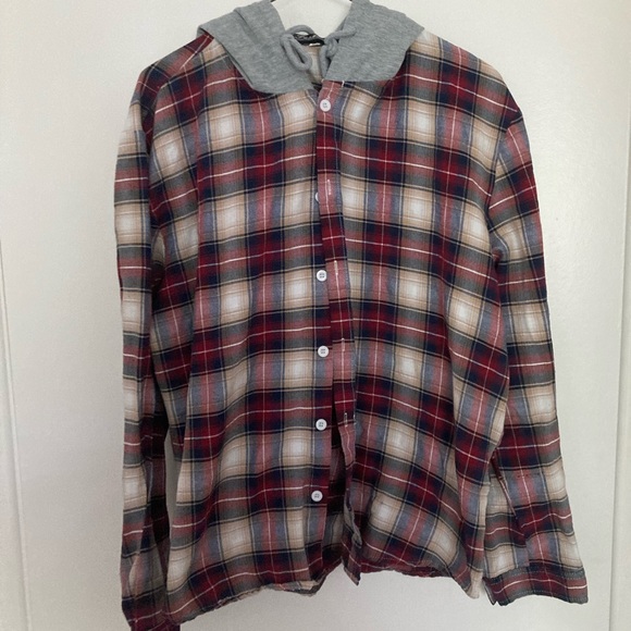Mens plaid colourblock panel hooded shirt - Picture 2 of 6